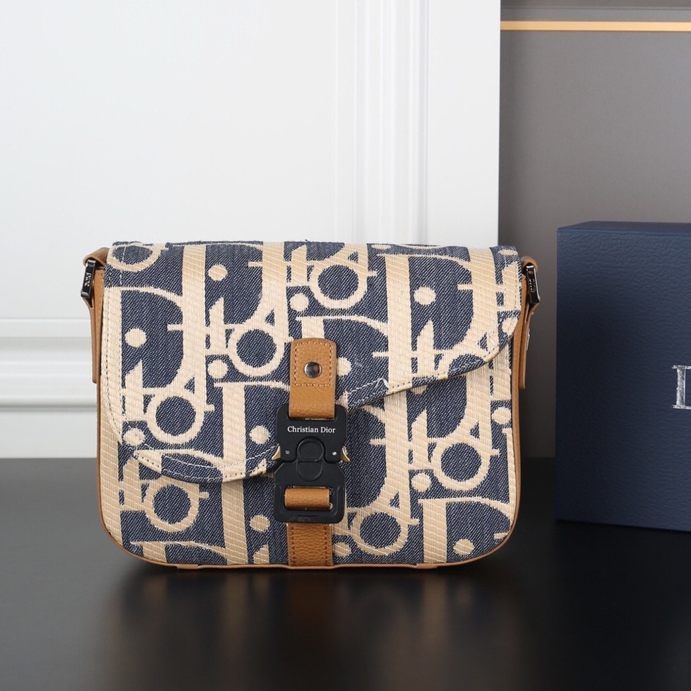 Dior Navy and Beige Canvas Messenger Bag with Leather Trim